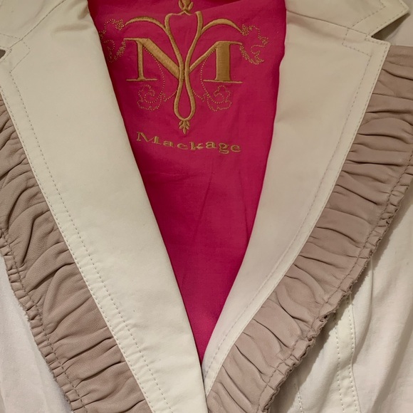 Mackage-Women's cotton & leather trim blazer (cream w/pink & gold lining-size S) - Picture 2 of 7
